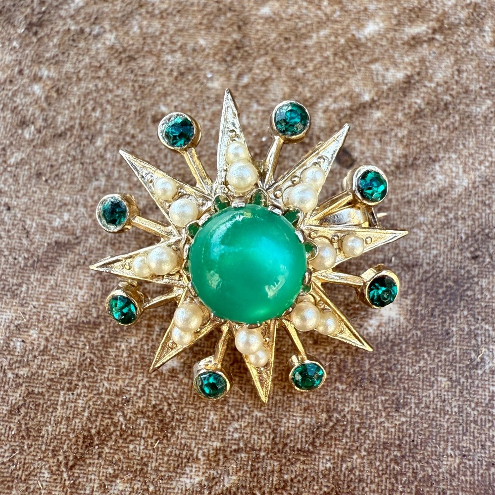 VTG Coro Starburst Brooch Rhinestone Cabochon Mid-Century Atomic Gold-Tone Pin